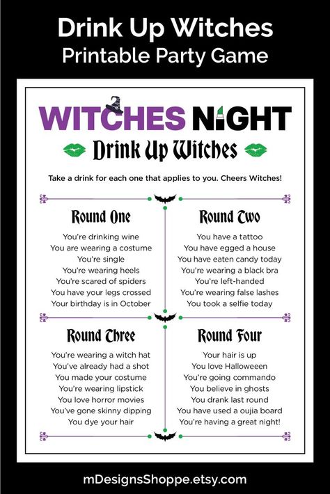 Witches Night Drink Up Witches drinking game with a purple and black heading - the letter C is wearing a witches hat and the I in night in a green lipstick in a black case. The name of the game has a green lipstick mark on either side. Girls Night Drinking Games, Halloween Girls Night, Games For Big Groups, Halloween Drinking Games, Adult Halloween Party Games, Ladies Night Games, Witches Party, Halloween Party Girls, Girls Night Drinks