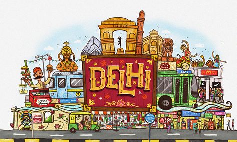 Delhi City Illustrtion on Behance Delhi Tourism, Delhi City, India Poster, Indian Illustration, Drawing Competition, Poster Drawing, City Illustration, Indian Art Paintings, Tourist Spots