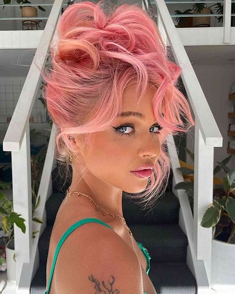 36 Gorgeous Wedding Updos for Every Type of Bride Pink Hair With Root Smudge, Pink Hair Outfit What To Wear With, Weird Hair Colors, Pink Hair Hairstyles, Candy Pink Hair, Pink And Blonde Hair, Flamingo Hair, Baby Pink Hair, Rose Pink Hair