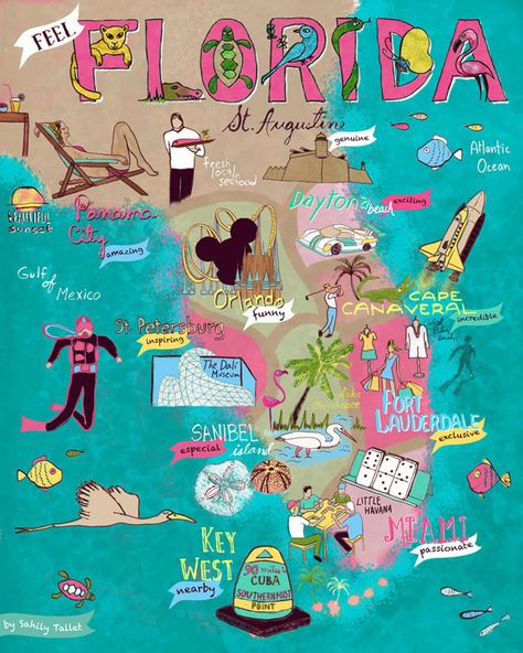 by Sahily Tallet Florida Drawing, Florida Illustration, Florida Map, Sketch Note, Florida Art, Map Of Florida, Vintage Florida, Illustrated Map, Travel Maps