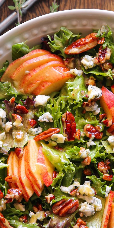 Mixed Greens Salad with Apples, Blue Cheese, Pecans, Honey-Lemon Dijon Mustard Dressing - in a white bowl. Salad That Goes With Fish, Lettuce Salad With Fruit, Greens Salad, Mix Green Salad Recipes, Mixed Green Salad, Mesclun Salad Recipes, Mixed Greens Salad, Mixed Green Salad Recipes, Salad Blue Cheese