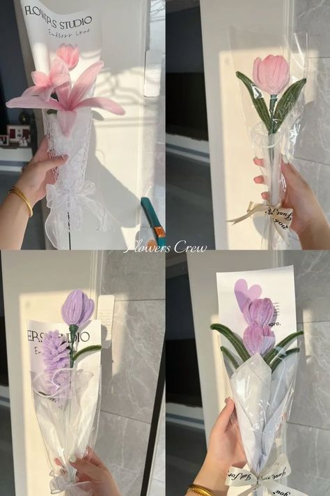 Small faux floral bouquets in pink and purple (lily, tulip, lavender) Handbag Bouquet, Poppy Flower Bouquet, Wrapping Bouquet, Clean Flowers, Candy Bouquet Diy, Piping Flowers, Diy Bouquet Wrap, Pipe Cleaner Flowers, Handmade Pipe