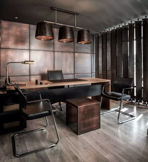 Masculine Home Office, Industrial Home Offices, Small Office Design, Industrial Office Design, Office Table Design, Office Design Inspiration, Modern Office Interiors, Office Interior Design Modern, Loft Interior