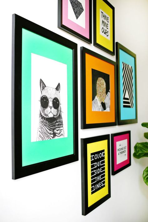 Coloured Frames On Wall, Fun Colorful Decor, Colorful Picture Frames On The Wall, Colored Picture Frames, Colored Matte Frame, Colourful Home Office Ideas, Bright Wall Decor, Colorful Photo Wall, Colorful Frames On Wall