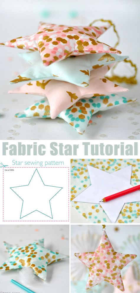 Fabric Star Tutorial & Pattern Sewing Project Christmas, No Sew Fabric Star Ornament, Simple Christmas Fabric Crafts, Scrap Material Christmas Ornaments, Patchwork, Natal, Tela, Fabric Stars Pattern, Easy Quilted Ornaments