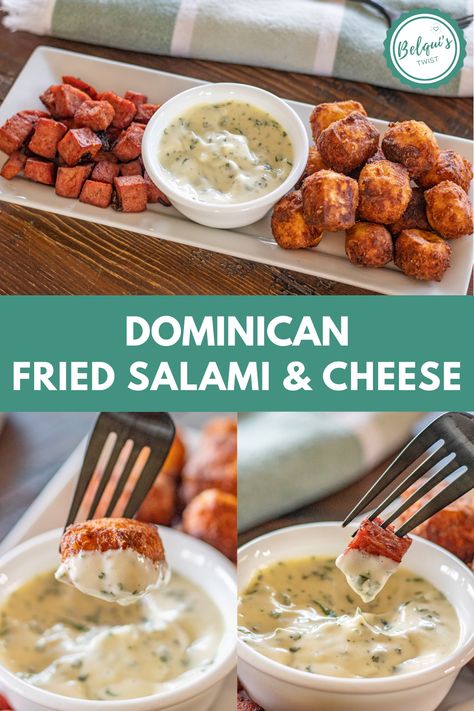 A twist on Dominican fried salami and cheese. Turning a classic dish into a delicious appetizer! Dominican Finger Food, Dominican Appetizers For Party, Dominican Appetizers, Hispanic Appetizers, Dominican Snacks, Latin Appetizers, Fried Salami, Salami Rolls, Dominican Recipes