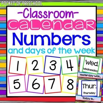 Bright, colorful calendar numbers and days of the week include 31 numbers as well as 23/30, 24/31, days of the week cards (3 to choose from), and a days of the week chart. Just print, trim, and laminate. For longer lasting calendar numbers, print on card stock. The bright, bold design will match m... Days Of The Week Chart, Linear Calendar, Pocket Chart Calendar, Printable Calendar Numbers, Calendar Skills, Colorful Calendar, Pocket Of Preschool, Design Calendar, Free Calendar Template