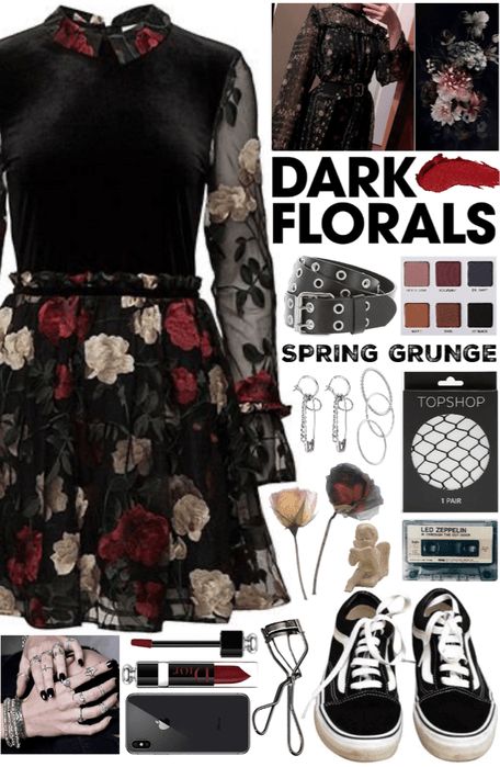 Spring Goth Aesthetic, Fashion Inspo Outfits Witchy, Witchy Look Outfit, Spring Witchy Outfit, Soft Grunge Capsule Wardrobe, Spring Outfits Goth, Dark Floral Aesthetic Outfit, Gothic Spring Outfit, Dark Spring Aesthetic Outfits