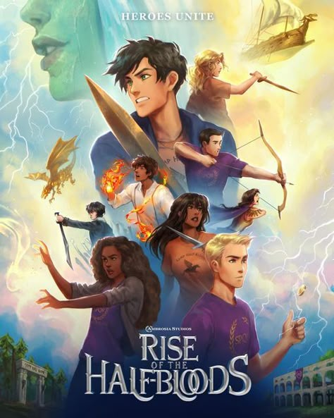 ✦ mage on Instagram: "Heroes of Olympus Poster for @cosmiccowzine! Yes, Rise of the Half-bloods is a reference to Rise of the Guardians 👀✨ It was such an amazing experience to work w this STUNNING team! Check out preorders the Olympus: a PJO Fanzine Winter edition for this poster and much more pjo content! #pjo #hoo #percyjackson #cosmiccow #cosmiccowzine #rickriordan #heroesofolympus #percyjacksonfanart #drawing #digitalart #book #bookart #bookish" Pjo Poster, Heroes Of Olympus Characters, Percy Jackson Drawings, Percy Jackson Wallpaper, Zio Rick, Pjo Hoo, Percy Jackson Fan Art, Rise Of The Guardians, Percy Jackson Characters