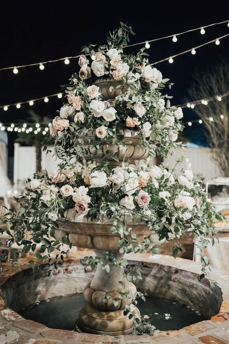 Glamorous Fountain Wedding Decor | Planning : @callunaevents | Photography : @nateshepardphoto | Venue : @nottowayweddings | Florals : @rootfloraldesign Fountain Flowers Wedding, Fountain Wedding Decor, Fountain Decoration Ideas, Fountain Florals, Dreamer Aesthetic, Fountain Flowers, Roman Wedding, Fountain Wedding, Decoration Ideas Wedding