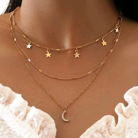 Gold-Tone One Piece Triple Layered Necklace Stars On Shortest Layer, Rhinestone Cresent Moon On Longest Layer Secured By Lobster Clasp Layered Necklaces Outfit, Stylish Jewelry Accessories, Triple Layer Necklace, Prom Necklaces, Pretty Jewelry Necklaces, Party Dresses Online, Jewelry Accessories Ideas, Layer Necklace, Neck Jewellery