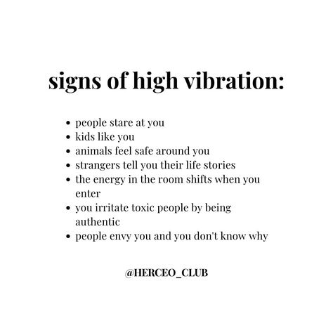 High vibrational people have ... ✨ • Eyes that just sparkle. • Smiles that ignite. • Voices that resonate. • A spirit that comforts. • Energy that uplifts. ✨ Surround yourself with these rare beings. ✨Do you know any high vibrational people? Comment ‘YES’. Follow us for more women empowerment & daily motivation: @HerCEO_Club @HerCEO_Club @HerCEO_Club #quotes #motivational #highvibrational #relatablequotes #selflove #motivational #inspirational #spiritualquote #vibrationalhealing #high... How To Be High Vibrational, High Vibrational Affirmations, High Vibration Foods, High Vibration Quotes, Energy Quotes Spiritual, High Vibration Aesthetic, Vibrations Quotes, High Vibrational Energy, Voice Quotes