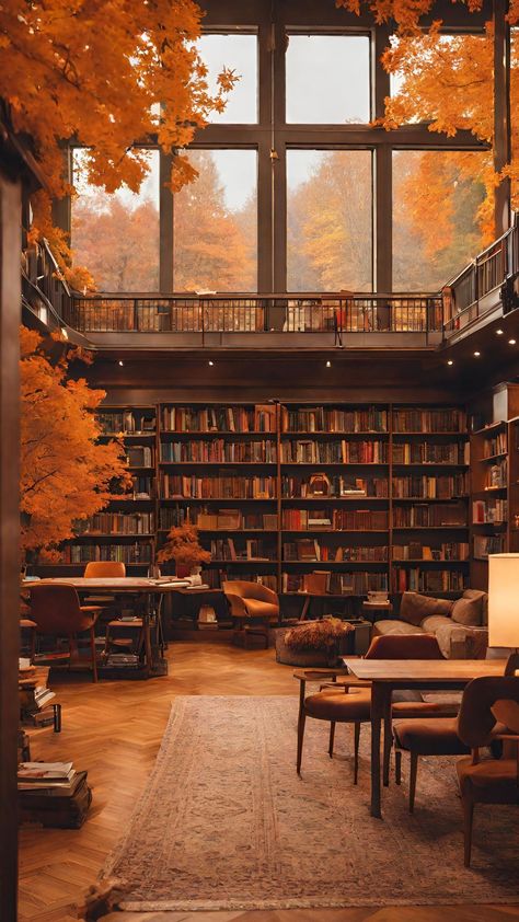 Autumn | Fall | Wallpaper | Vibes | Leaves | Forest | Library | Fantasy | Books | Cozy | Cozy Fall Aesthetic Books, Orange Library Aesthetic, Cozy Library Aesthetic, Cosy Library, Autumn Fall Wallpaper, Autumn Library, Forest Library, Autumn Mood Board, Fall Library