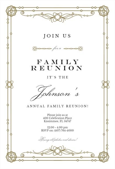 Classic Border - Family Reunion Invitation Template (Free) | Greetings Island Family Reunion Invites Templates Free, Family Reunion Templates, Family Reunion Invitations Templates, Hamptons Party, Medical Presentation, Reunion Invitation, Family Reunion Invitations, Reunion Invitations, Family Reunion Planning