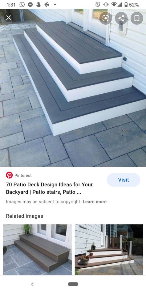 Back Step Ideas, Patio Stairs With Landing Concrete, Concrete Patio With Wood Steps, Steps Off Back Door To Patio, Composite Steps To Concrete Patio, Step Down To Patio, Front Stairs Entrance, Backdoor Stairs, Outside Steps Ideas