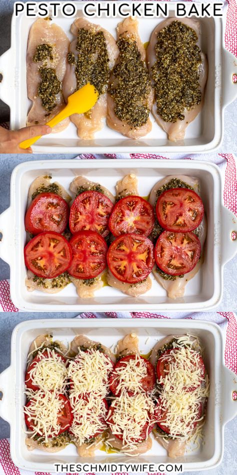 This delicious Pesto Chicken Bake is easy to make, throw in the oven for a fresh weeknight family meal! Made up of healthy protein packed chicken breasts, garlic, pesto, tomatoes, and mozzarella cheese this dinner with be a breeze! Recipe | Cheesy | Easy | Keto | Healthy | Tomato Pesto Chicken Bake, Easy Pesto Chicken, Roasted Tomato Chicken, Tomato Pesto Chicken, Pesto Mozzarella Chicken, Chicken Bruschetta Bake, Pesto Chicken Breast, Chicken Breast Oven Recipes, Healthy Family Meal