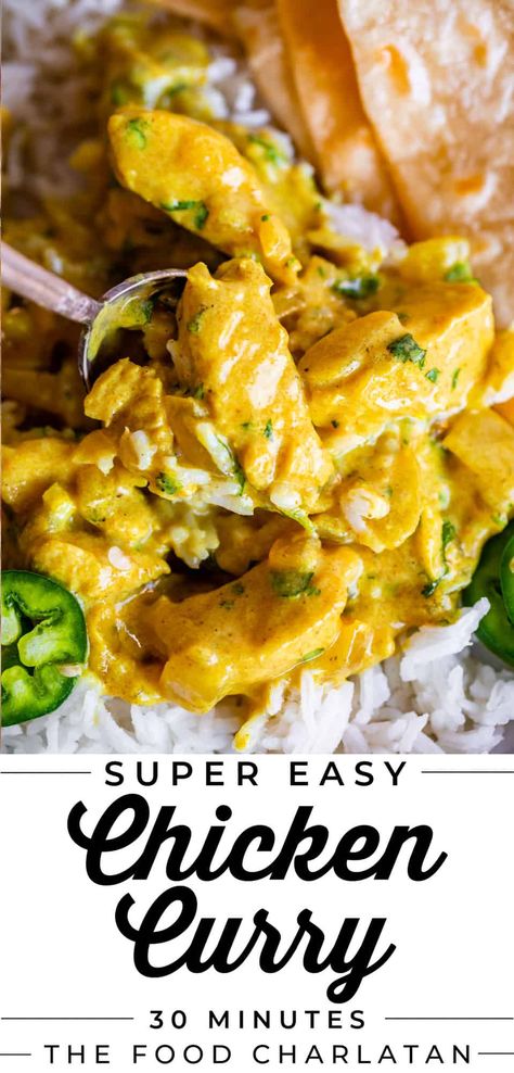 Easy Chicken Curry Recipe (30 Minutes!) from The Food Charlatan. I’ve found a hack to making the most delicious Indian Chicken Curry in just 30 minutes! I love this recipe because it has all those warm spicy Indian flavors, but there are only two spice blends called for (yellow curry and garam masala). The curry sauce has a great depth of flavor, and it’s so easy to make. Perfect for a weeknight! This recipe is a great meal prep recipe or freezer make ahead recipe! Yellow Potato Curry, Chicken Curry Not Spicy, Shredded Curry Chicken, Simple Curry Chicken Recipes, Easy Yellow Curry Chicken, Turmeric Curry Recipes, Yellow Chicken Curry Recipe Indian, Curry Chicken Indian Recipes, Yellow Chicken Curry Recipe Easy