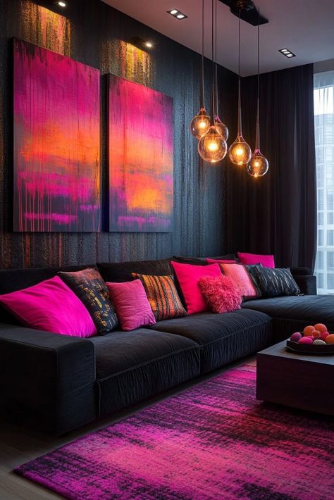 Pink Orange Black Living Room, Pink And Black House Interior, Hot Pink Dining Room, Hot Pink Couch Living Room Ideas, Bold Interior Design Living Room, Black Pink Interior, Black And Pink Living Room, Pink And Black Living Room, Black And Pink Living Room Decor