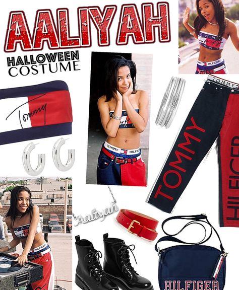 Aaliyah Costume 90s, Aaliyah Tommy Hilfiger Outfit, Aaliyah Halloween Costume Ideas, Aaliyah 2000s Outfits, Aaliyah Costume Ideas, Aaliyah Style 90s Tommy Hilfiger, Aaliyah Outfits 90s Costume, 90s Aaliyah Outfits, Aaliyah Halloween Costume