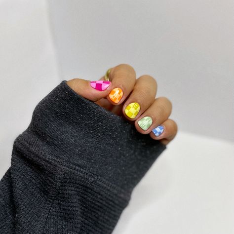 Multi Colored Checkered Nails, Color Checkered Nails, Neon Plaid Nails, Colorful Checkered Nails, Rainbow Checkered Nails, Checkered Board Nails, Checkered Print Nails, Checkered Nails Short, Nail Two Colors