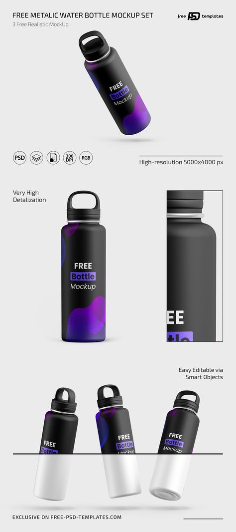 This bottle looks realistic so your customer might think that you have taken a picture of a real product. Bottle Mockup Free, Water Bottle Mockup, Tumbler Mockup, Design Institute, Branding Tools, Free Tumbler, Psd Template Free, Bottle Mockup, Water Design