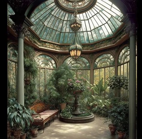 Old Greenhouse Victorian, Green House Victorian, Luxury Greenhouse Interior, Victorian Garden House, Victorian Greenhouse Interiors, Victorian House With Greenhouse, Orangery Aesthetic, Victorian Glass House, Art Nuevo Interior