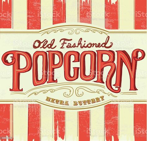 Fresh Popcorn, Popcorn Stand, Popcorn Packaging, Concession Stand, Letter Sign, Retro Illustration, Free Vector Art, Hand Lettered, Design Vector