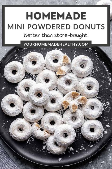 These Homemade Mini Powdered Donuts are light and fluffy inside with a sweet coating of powdered sugar on the outside. They're made in about 30 minutes with just 12 simple ingredients! Baked Powdered Donut Recipes, Homemade Powdered Donuts Recipe, Homemade Mini Donuts Recipes, Mini Powdered Donuts Recipe, Donut Machine Recipes Mini, Donut Recipe For Mini Donut Maker, Best Mini Donut Recipe, Powdered Sugar Donuts Recipe, Baked Mini Donut Recipe