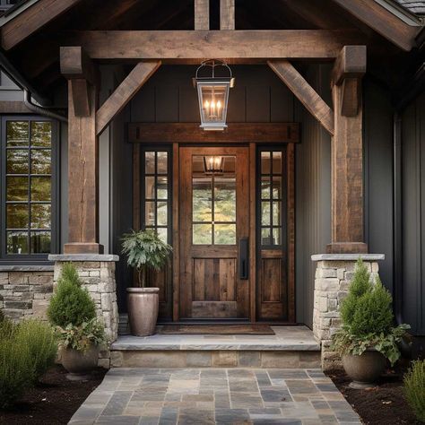 Wood Look Front Door With Sidelights, Porch Front Door Entrance, Rustic Front Porch Ideas Entrance, Entryway Exterior Ideas Front Entrances, Rustic Front Entrance, Farmhouse Exterior Entryway Ideas, Log Cabin Doors Entrance Front Entry, Front Porch Entrance Ideas, Oversized Front Door Farmhouse