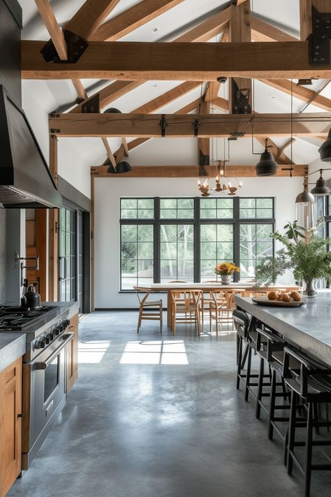 Polished Concrete Farmhouse, Wood Cabinets With Concrete Floors, Barndo With Concrete Floors, Cabin With Concrete Floors, Farmhouse With Concrete Floors, Kitchen Exposed Beams, Concrete Flooring Kitchen, Farmhouse Concrete Floors, Concrete Floors Kitchen