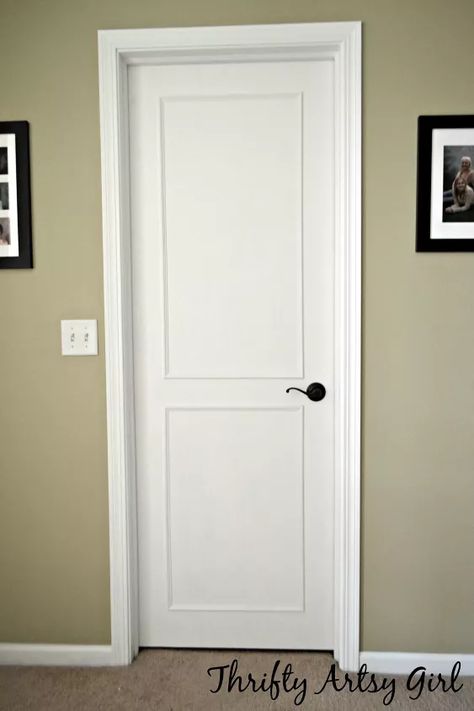 We love home improvement DIY projects and this interior door before and after makeover idea on a budget is one of our favorites. #doordiy #beforeafter #doormakeover Updating Flat Doors, Plain Doors Makeover Ideas, Hollow Door Upgrade, Ugly Door Makeover, Flat Door Makeover Diy, Diy Door Makeover, Update Interior Doors, Hollow Core Door Makeover, Small Pantry Closet