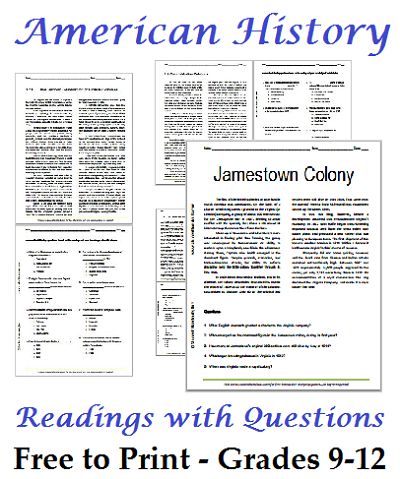 Looking for a simple and FREE solution to studying US History? Check out this United States History curriculum with over 167 readings and questions related to each! :: www.thriftyhomeschoolers.com Fear Worksheet, Worksheets For High School, High School American History, High School History Classroom, 8th Grade History, Teaching Us History, Reading Questions, Teaching American History, History Lesson Plans