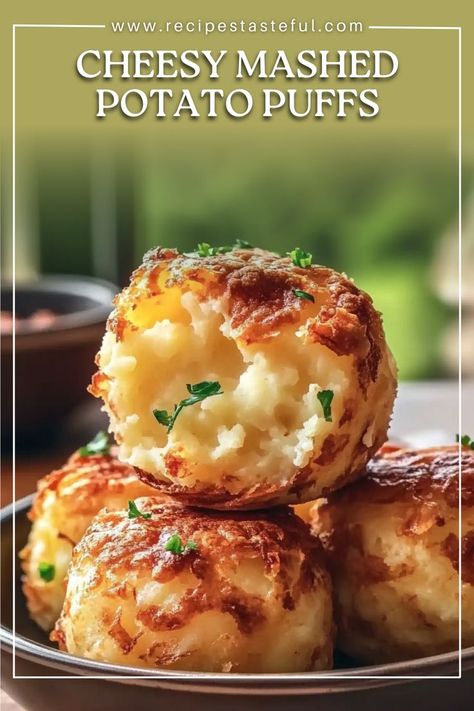 These Cheesy Mashed Potato Puffs are crispy on the outside and fluffy on the inside, making them the perfect way to use up leftover mashed potatoes. Packed with shredded cheddar cheese, Parmesan, and a hint of garlic, they are a flavorful and comforting snack, side dish, or appetizer. Whether you’re cooking for a crowd or need a quick and easy treat, these cheesy puffs are sure to be a hit. Mashed Potatoes Cheese Balls, Cheesy Mashed Potato Puffs Recipe, Meals To Go With Mashed Potatoes, Breakfast Ideas With Mashed Potatoes, Potato Based Appetizers, Birthday Party Side Dishes Easy, Cheesy Mashed Potato Puffs Cooktop Cove, Potato Dish For A Crowd, Mash Potato Leftovers Ideas