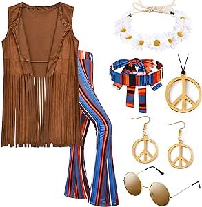 Fringed Vest Outfit, Summer Hippie Outfits, Hippie Outfits 70s, Outfits 60s, Hippie Glasses, 70s Accessories, Hippie Accessories, 70s Costume, Outfits 70s