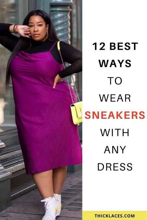 Find 12 ways to pair your favorite sneakers with any dress of your choice whether it's midi, body con, or a slip dress. Dresses With Black Sneakers, Black Sneakers With Dress Outfit, Slip Dress Outfit Black Women, Dress Or Skirt With Sneakers, Sneaker And Dress Outfit Black Women, Dresses Sneakers, Midi Sweater Dress With Sneakers, Midi Dress And Sneakers Outfit, Midi Dress And Sneakers