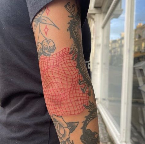 Tattoos Around Elbow, Men Red Tattoo, Existentialism Tattoo, Small Red Tattoo Ideas, Red Tattoo Ideas Female, Red Tatooes, Tattoo Ideas Female Red, Around Elbow Tattoo, Red Ink Tattoos Men