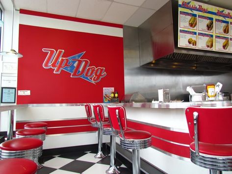 Hot Dogs - Up Dog - Independence restaurants - Hot Dog Shop Design, Corn Dog Restaurant, Hot Dog Restaurant Design, Hot Dog Restaurant Interior, American Fast Food Restaurant Design, Hot Dog Shop, Hot Dog Restaurant, Lazy Dog Restaurant, Hot Dog Restaurants