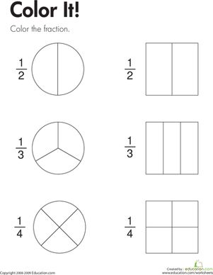 To complete this second grade math worksheet, kids color parts of shapes to show the fractions 1/2, 1/3, and 1/4. Simple Fractions Worksheets, Fractions For Kids, Math Fractions Worksheets, Fraction Practice, Simple Fractions, Probability Worksheets, Math Coloring Worksheets, 2nd Grade Math Worksheets, Math Learning