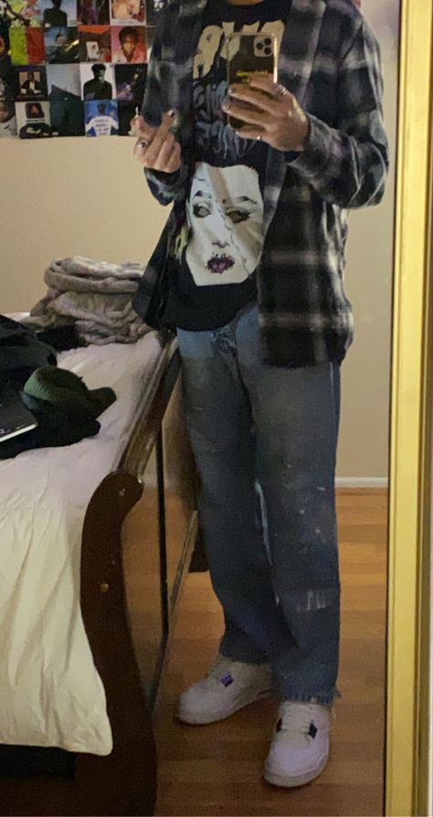 thrifted zombie shirt, carhartt denim pants, metallic purple 4’s, grey and white flannel Blue And Grey Flannel Outfit, Grunge Flannel Outfits Men, Flannel Boy Aesthetic, Flannel Shirt Outfits Men, Flannel Fits Men, Flannel Shirt Aesthetic, Mens Flannel Shirt Outfit, Metal Outfit Men, Blue Flannel Outfits Men