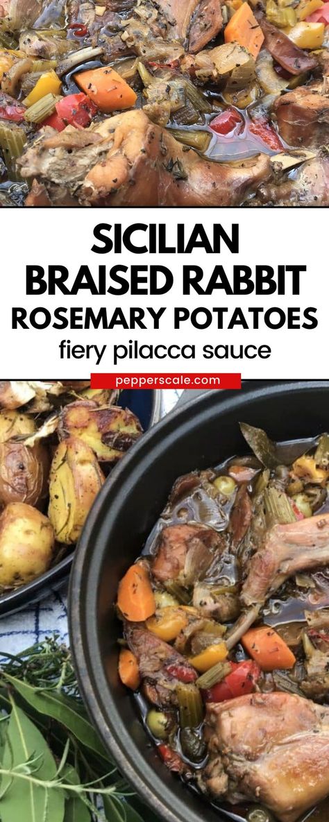 Agrodolce – literally bitter-sweet in Italian – is a big feature of Sicilian cuisine. And it works superbly in this beautifully balanced Sicilian braised rabbit recipe, where red serrano peppers add sparky heat to the herby, Mediterranean flavors of juicily tender rabbit. Because its fat content is so low, it pays to cook rabbit gently and slowly. Italian Rabbit Recipe, Rabbit Meals Dinners, Slow Cooker Rabbit Recipes, Rabbit Recipes Easy, Smoked Rabbit Recipe, Rabbit Legs Recipe, Braised Rabbit Recipe, Roasted Rabbit Recipe, Cooking Rabbit