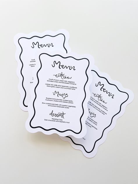 Wedding menus with a waved edge & hand written features Creative Wedding Menu Design, Wedding Cake Dark, Wedding Menus Design, Handwritten Wedding, Spain Wedding, Menu Layout, Hamilton Island, Menu Wedding, Bday Invitations