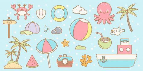 Kawaii beach elements set | Premium Vector #Freepik #vector #tree #arrow #star #cartoon Kawaii Beach, Kawaii Vector, Beach Elements, Kawaii Drawings, Kraken, Cute Illustration, Background Design, Cute Stickers, Premium Vector