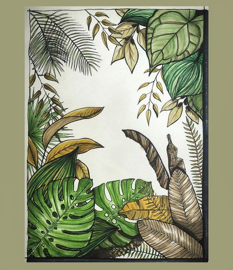 Jungle Drawing Sketches, Jungle Plants Drawing, Tropical Plants Drawing, Jungle Doodle, Tropical Leaf Drawing, Tropical Leaves Drawing, Tropical Sketch, Jungle Drawing, Forest Sketch