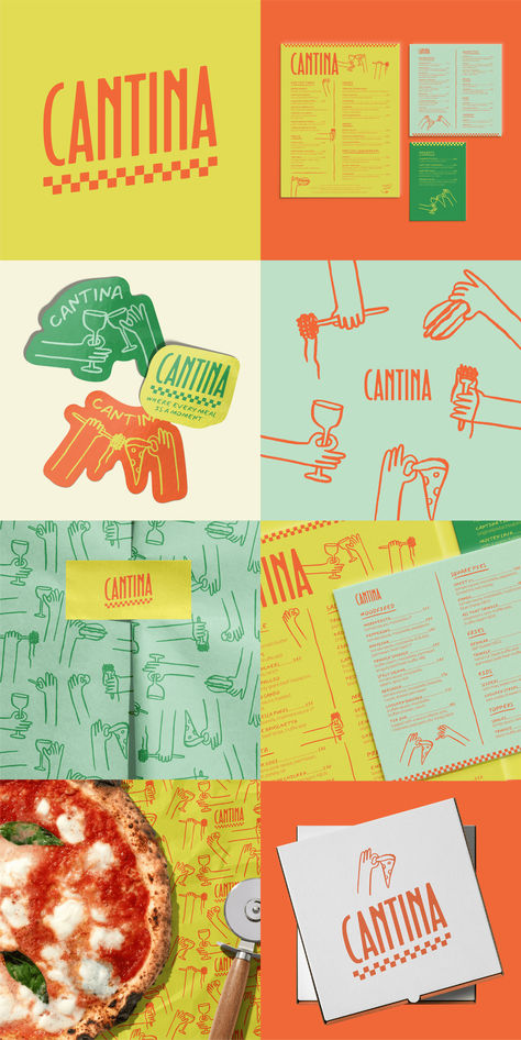 CANTINA is a fictional modern italian restaurant. It has a modern, welcoming and friendly feel, with a bold color palette, a bold logo font & playful illustrations of hands holding food and glasses. I created the brand identity and print assets, like menu, bag & tissue paper designs.The illustrations include drawings of hands holding: pizza, pasta, burgers, chicken bites, fries, spaghetti, wine & cheersing. Two Color Graphic Design, Modern Print Design, Menu With Illustrations, Graphic Branding Design, Pizza Visual Identity, Pasta Color Palette, Food Branding Identity, Chicken Branding Design, Italian Restaurant Branding Design