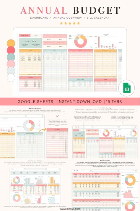 Transform your financial management with our Annual Budget Spreadsheet for Google Sheets. This comprehensive tool includes 15 tabs covering monthly budgets, bill calendars, dashboards, and annual overviews. Stay organized, track expenses, and achieve financial goals effortlessly. Optimize your finan Organisation, Finance Planning, Financial Budget Planner, Excel Budget Spreadsheet, Budget Spreadsheet Template, Track Expenses, Budget Template Free, Weekly Budget Planner, Monthly Budget Spreadsheet