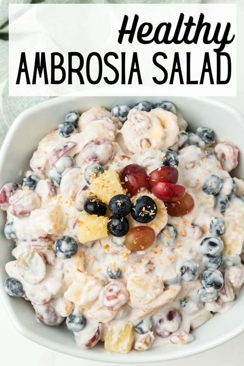 Healthy Dessert Salads, Ambrosia Salad Healthy, Vegan Ambrosia Fruit Salad, Aip Fruit Salad, Coconut Cream Fruit Salad, Healthy Ambrosia Salad, Vegan Fruit Salad Recipes, Dairy Free Ambrosia Salad, Vegan Ambrosia Salad