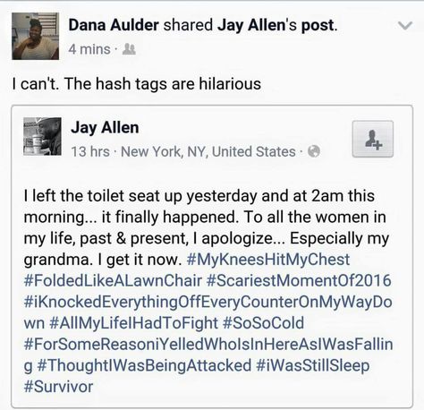 Hashtag hilariousness! When a man falls in because HE left the toilet seat up, ha! Memes Gretchen, Behind Blue Eyes, 9gag Funny, Meme Comics, Memes Humor, Can't Stop Laughing, E Card, What’s Going On, Laughing So Hard