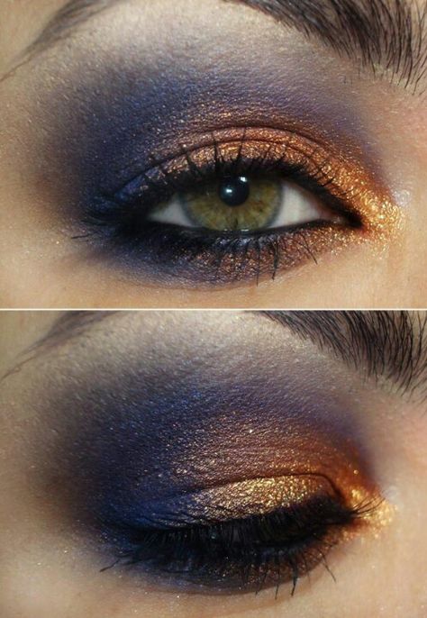 Copper and blue pop eyes Blue And Copper Eye Makeup, Copper Eyeshadow Blue Eyes, Celestial Eye Makeup, Copper Eyeshadow Looks, Celestial Makeup Looks, Blue And Gold Eye Makeup, Blue And Gold Makeup, Blue And Gold Aesthetic, Celestial Makeup