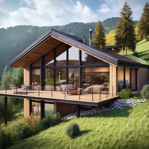 Mountain Guest House, Modern Chalet Exterior, Modern Mountain Chalet, Modern Mountain House Exterior, Wooden Chalet, Modern Wood House, Modern Wooden House, Mountain Villa, Mountain Home Exterior