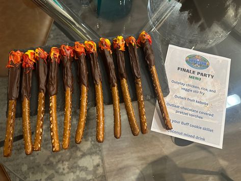 Pretzels, chocolate covered, Survivor Survivor Themed Food Ideas, Survivor Theme Party Food, Survivor Theme Snacks, Survivor Theme Food Party Ideas, Survivor Themed Crafts, Survivor Watch Party Ideas, Survivor Party Invitations, Survivor Food Ideas, Survival Theme Birthday Party